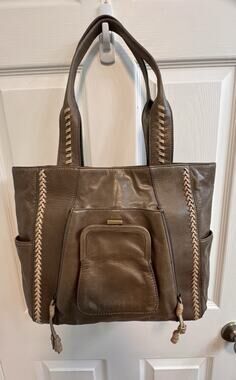 MUXO by Camila Alves Tan Distressed Leather Purse W/Beige Tassels & Coin Purse.